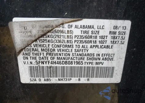 2013 Honda Pilot Ex из США, поврежденный, VIN 5FNYF4H46DB081965